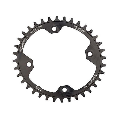 Plato ovalado monoplato WOLF TOOTH ELLIPTICAL de 104 BCD, 12 velocidades, para Shimano, 4 agujeros, 104 mm, negro — vista del plato sobre fondo blanco