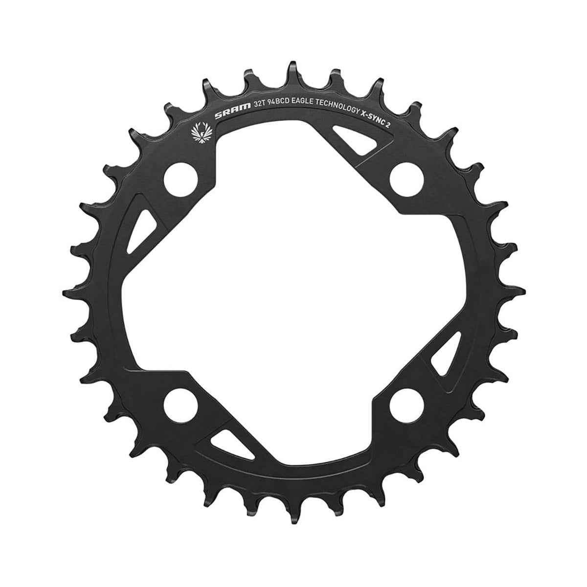 Plato único SRAM X-SYNC 2 94BCD EAGLE EMTB 12 velocidades, 4 orificios, 94 mm — vista del plato sobre fondo blanco