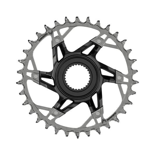 Plato único SRAM XX T-TYPE EAGLE BOSCH GEN4 12 velocidades, montaje directo, negro/plata — vista del plato sobre fondo blanco