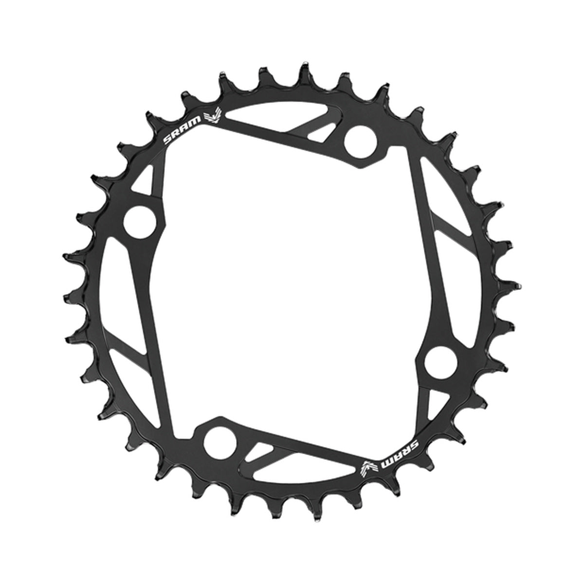 Plato único SRAM T-TYPE EAGLE 12 velocidades, 4 orificios, 104 mm, aluminio negro — vista del plato sobre fondo blanco