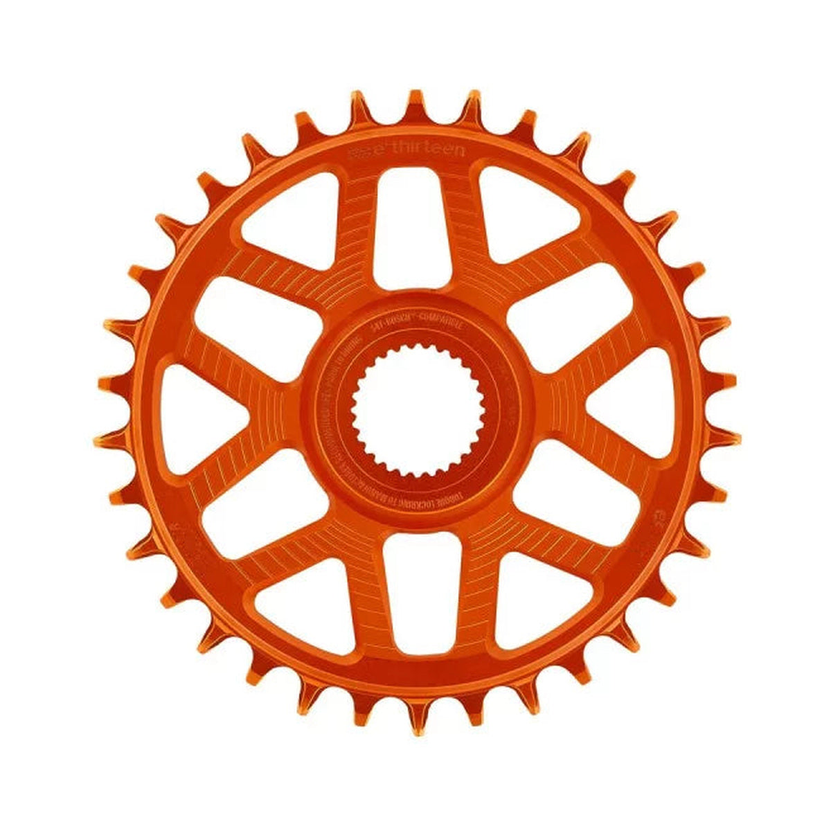 Plato monoplato E-THIRTEEN HELIX RACE E-SPEC 11/12 velocidades de montaje directo Bosch Gen4, desplazamiento de 13 mm, naranja — vista del plato sobre fondo blanco