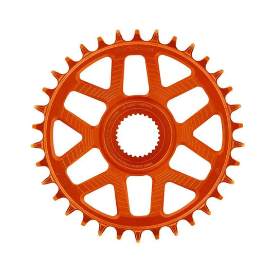 Plato monoplato E-THIRTEEN HELIX RACE E-SPEC 11/12 velocidades de montaje directo Bosch Gen4, desplazamiento de 13 mm, naranja — vista del plato sobre fondo blanco