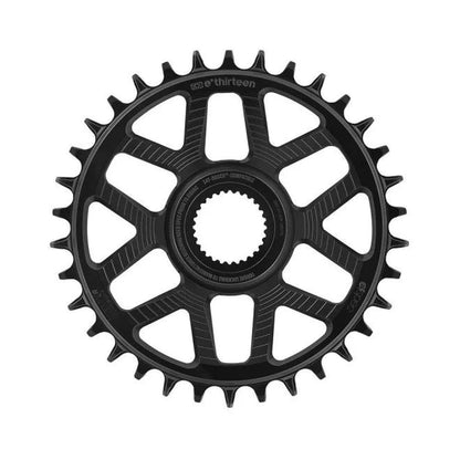 Plato monoplato E-THIRTEEN HELIX RACE E-SPEC 11/12 velocidades de montaje directo Bosch Gen4, desplazamiento de 13 mm, negro — vista del plato sobre fondo blanco