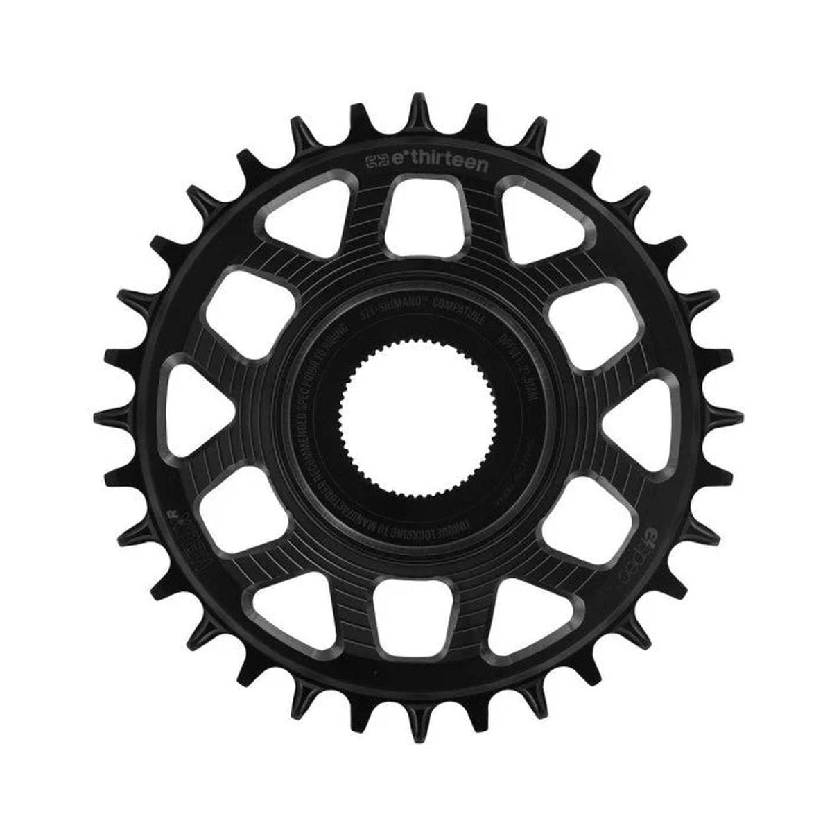 Plato monoplato E-THIRTEEN HELIX RACE E-SPEC 11/12 velocidades de montaje directo Shimano EP8, negro — vista del plato sobre fondo blanco