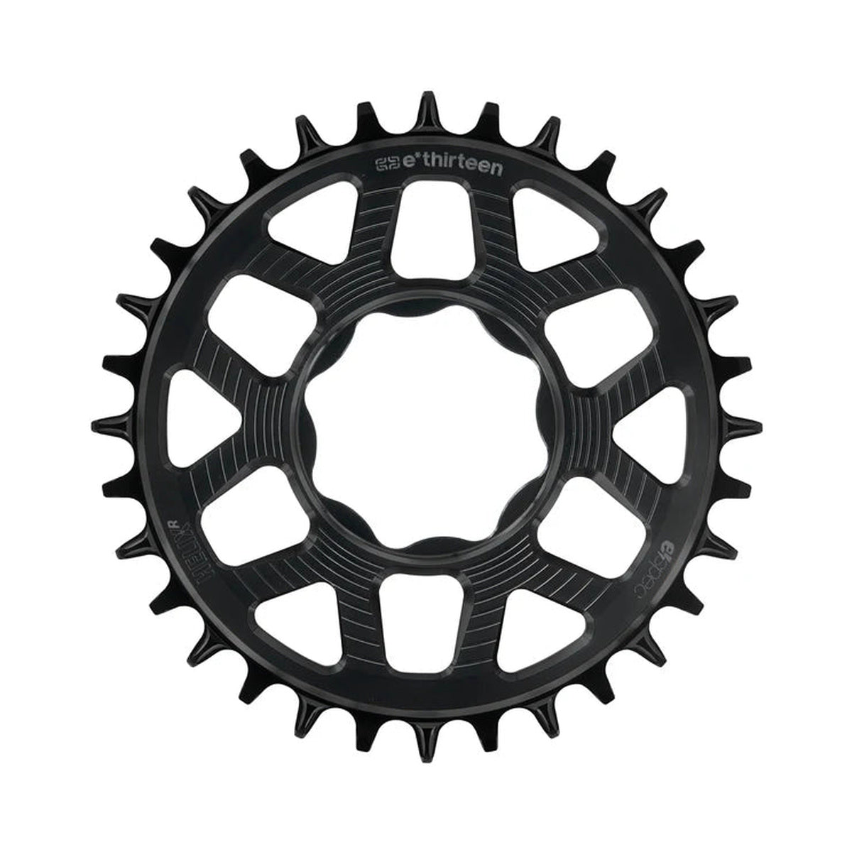 Plato monoplato E-THIRTEEN HELIX RACE E-SPEC 11/12 velocidades de montaje directo TQ HPR50, negro — vista del plato sobre fondo blanco