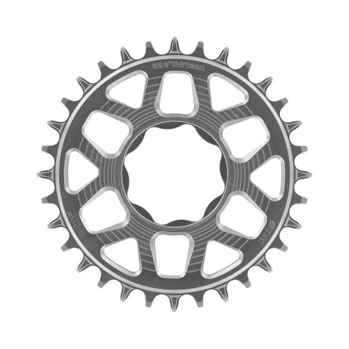 Plato monoplato E-THIRTEEN HELIX RACE E-SPEC 11/12 velocidades de montaje directo TQ HPR50, plateado — vista del plato sobre fondo blanco