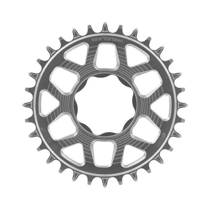 Plato monoplato E-THIRTEEN HELIX RACE E-SPEC 11/12 velocidades de montaje directo TQ HPR50, plateado — vista del plato sobre fondo blanco