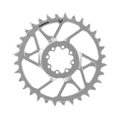 Plato monoplato SRAM EAGLE 90 T-TYPE BOOST 12 velocidades de montaje directo, desplazamiento de 3 mm, plateado — vista del plato sobre fondo blanco