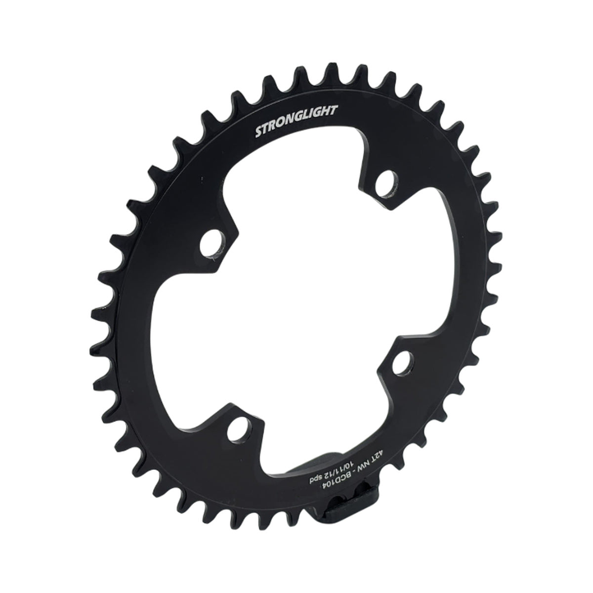 Plato monoplato STRONGLIGHT 11/12 velocidades, 4 orificios, 104 mm, acero — vista del plato sobre fondo blanco
