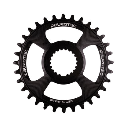 Plato monoplato BURGTEC THICK THIN 12 velocidades de montaje directo Shimano, negro — vista del plato sobre fondo blanco