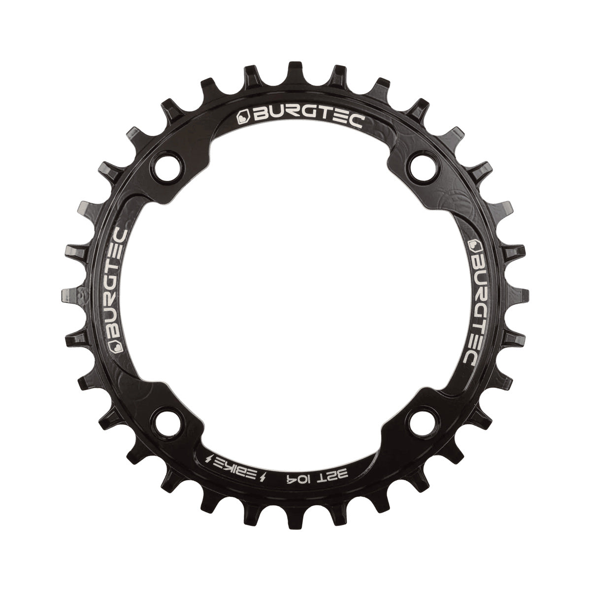 Plato monoplato BURGTEC E-BIKE THICK THIN exterior de 104 mm — vista del plato sobre fondo blanco