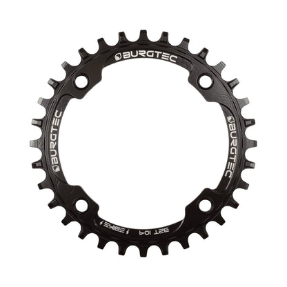 Plato monoplato BURGTEC E-BIKE THICK THIN interior de 104 mm — vista del plato sobre fondo blanco