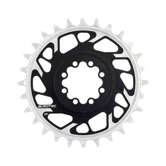 Plato monoplato BURGTEC THICK THIN 12 velocidades BOOST de montaje directo, 8 tornillos, T-Type, dientes anchos y estrechos, desplazamiento de 3 mm, negro — vista del plato sobre fondo blanco