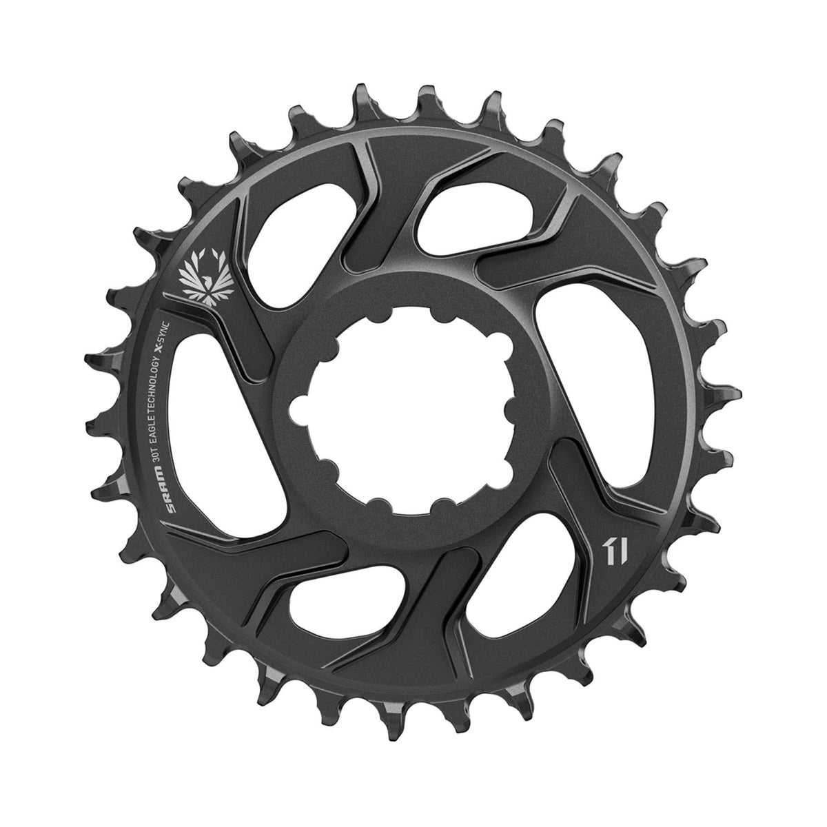 Plato monoplato SRAM X-SYNC 2 EAGLE 12 velocidades de montaje directo, desplazamiento de 4 mm, negro — vista del plato sobre fondo blanco