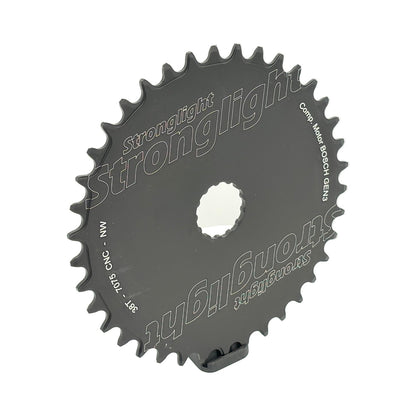 Plato monoplato STRONGLIGHT BOSCH GEN3 12 velocidades de montaje directo, dientes anchos y estrechos, aluminio macizo — vista del plato sobre fondo blanco