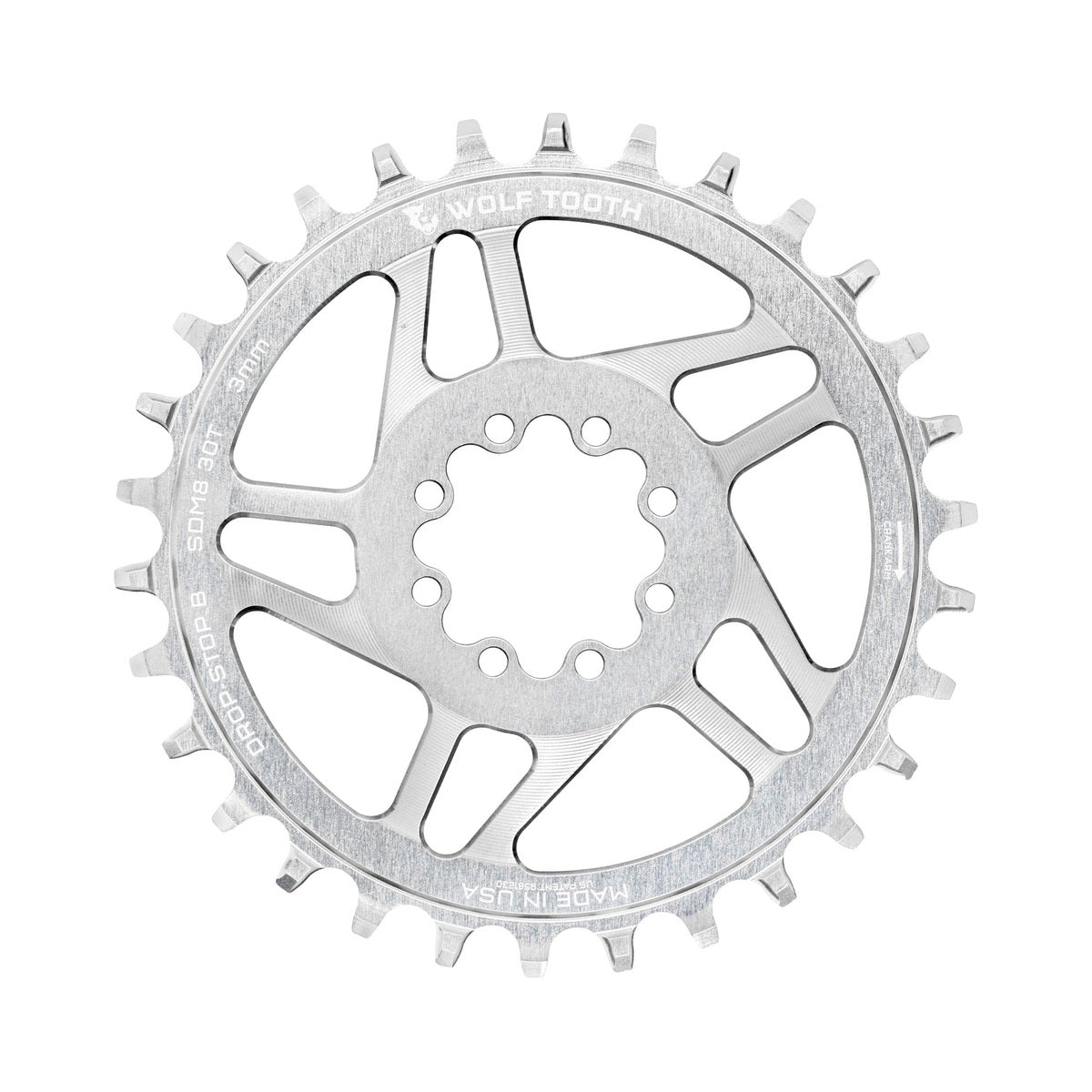 Plato monoplato WOLF TOOTH DROP-STOP B de montaje directo, 8 tornillos, Sram Eagle Boost, desplazamiento de 3 mm, plata sin pulir — vista del plato sobre fondo blanco