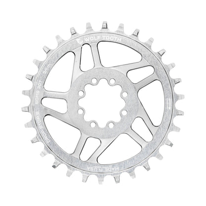 Plato monoplato WOLF TOOTH DROP-STOP B de montaje directo, 8 tornillos, Sram Eagle Boost, desplazamiento de 0 mm, plata sin pulir — vista del plato sobre fondo blanco
