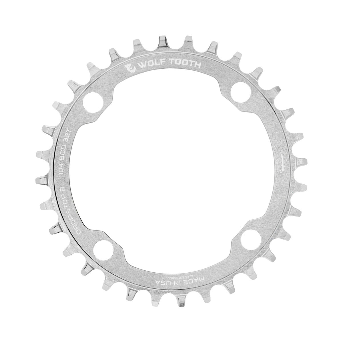 Plato monoplato WOLF TOOTH DROP-STOP B 104 mm, plata sin pulir — vista del plato sobre fondo blanco
