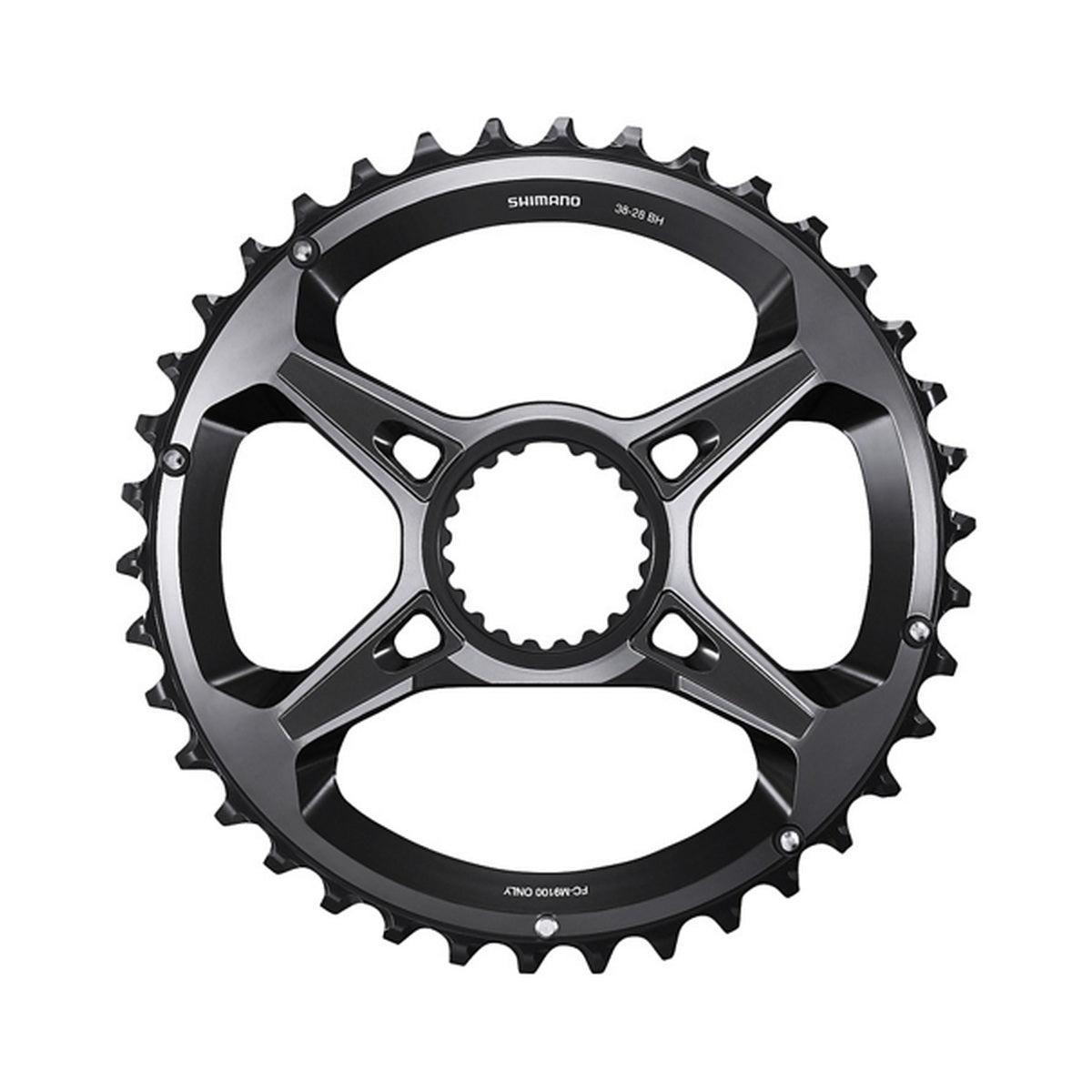 Plato exterior SHIMANO XTR para FC-M9100-2 (28-38 dientes) 12 velocidades — vista del plato sobre fondo blanco