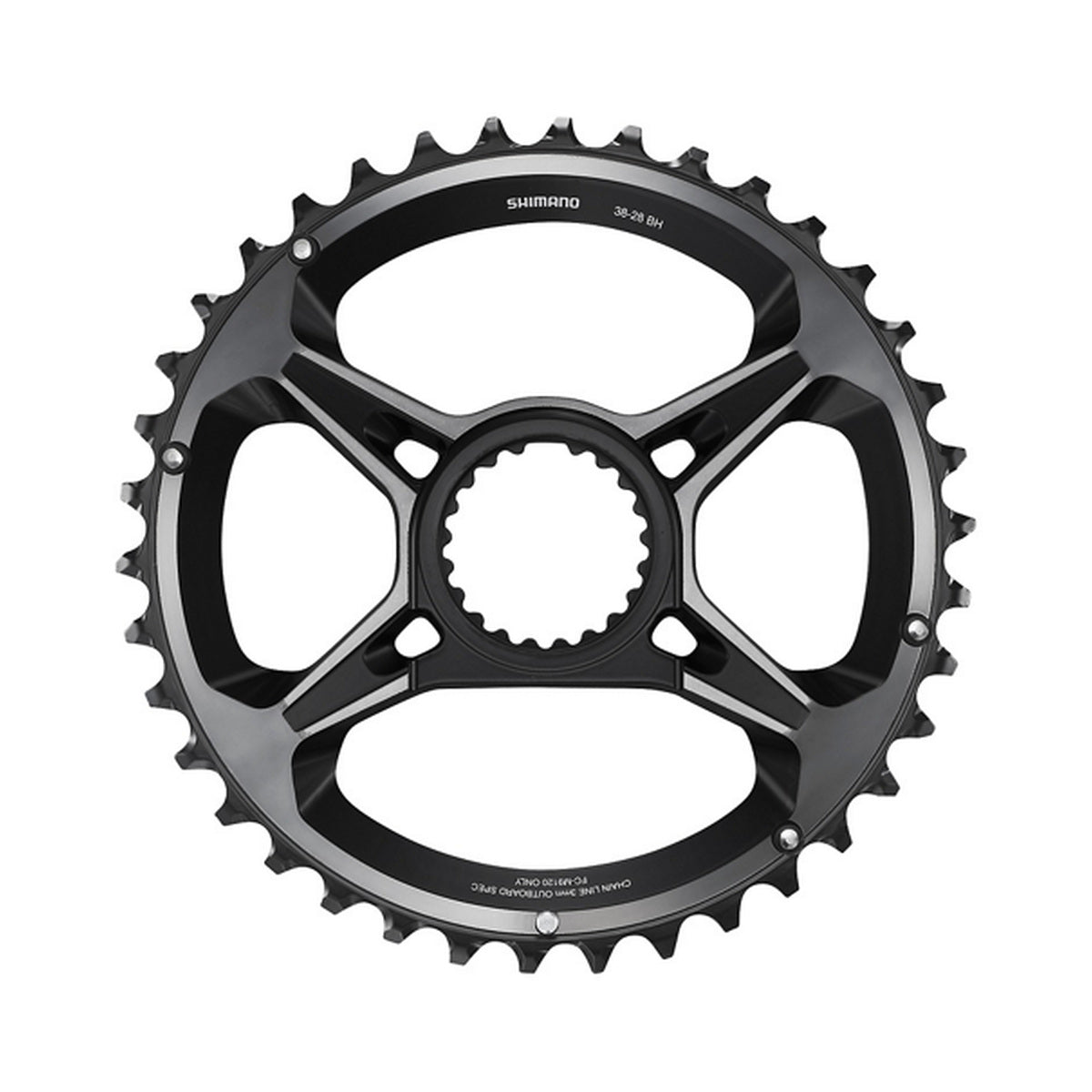 Plato exterior SHIMANO XTR para FC-M9120-B2 (28-38 dientes) 12 velocidades — vista del plato sobre fondo blanco