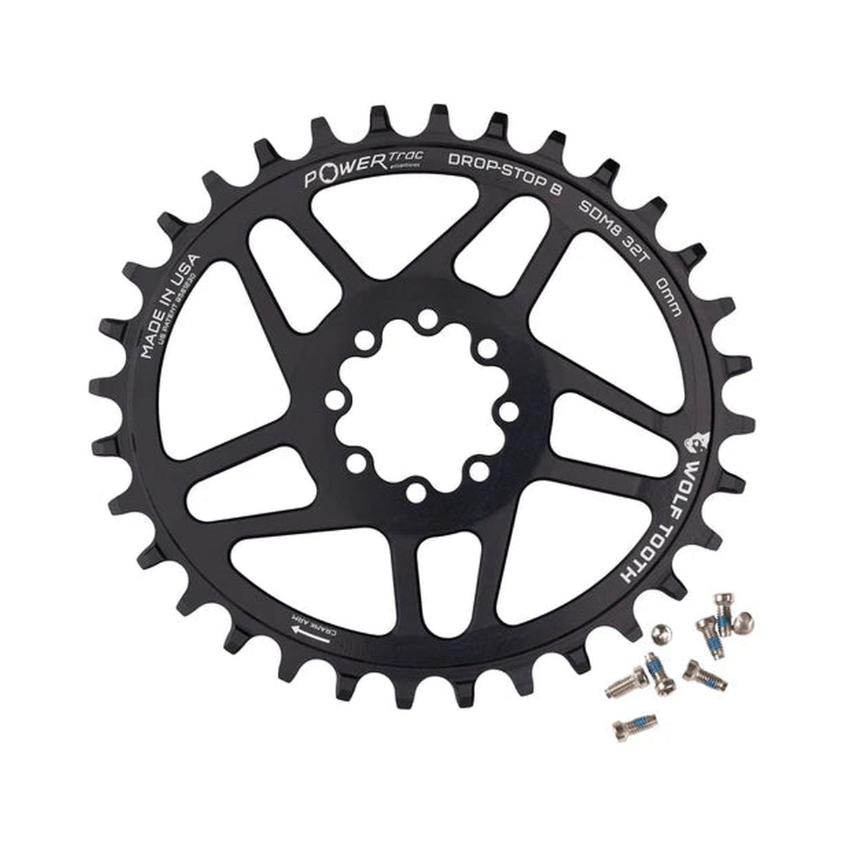 Plato monoplato ovalado WOLF TOOTH 12 velocidades SRAM de montaje directo, 8 tornillos, desplazamiento de 3 mm — vista del plato sobre fondo blanco