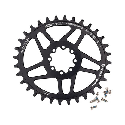 Plato monoplato ovalado WOLF TOOTH 12 velocidades SRAM de montaje directo, 8 tornillos, desplazamiento de 3 mm — vista del plato sobre fondo blanco