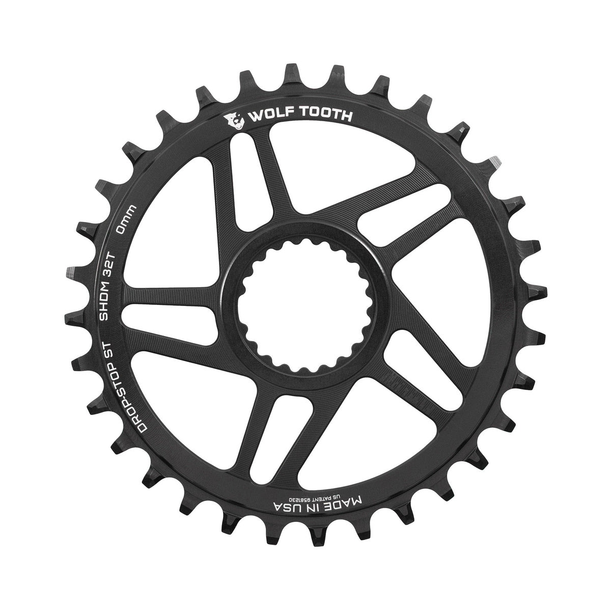 Plato monoplato WOLF TOOTH 12 velocidades SHIMANO de montaje directo, desplazamiento de 0 mm — vista del plato sobre fondo blanco