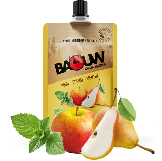 BAOUW Puré Energético de Frutas Receta Ecológica Pera/Manzana/Menta (90g)