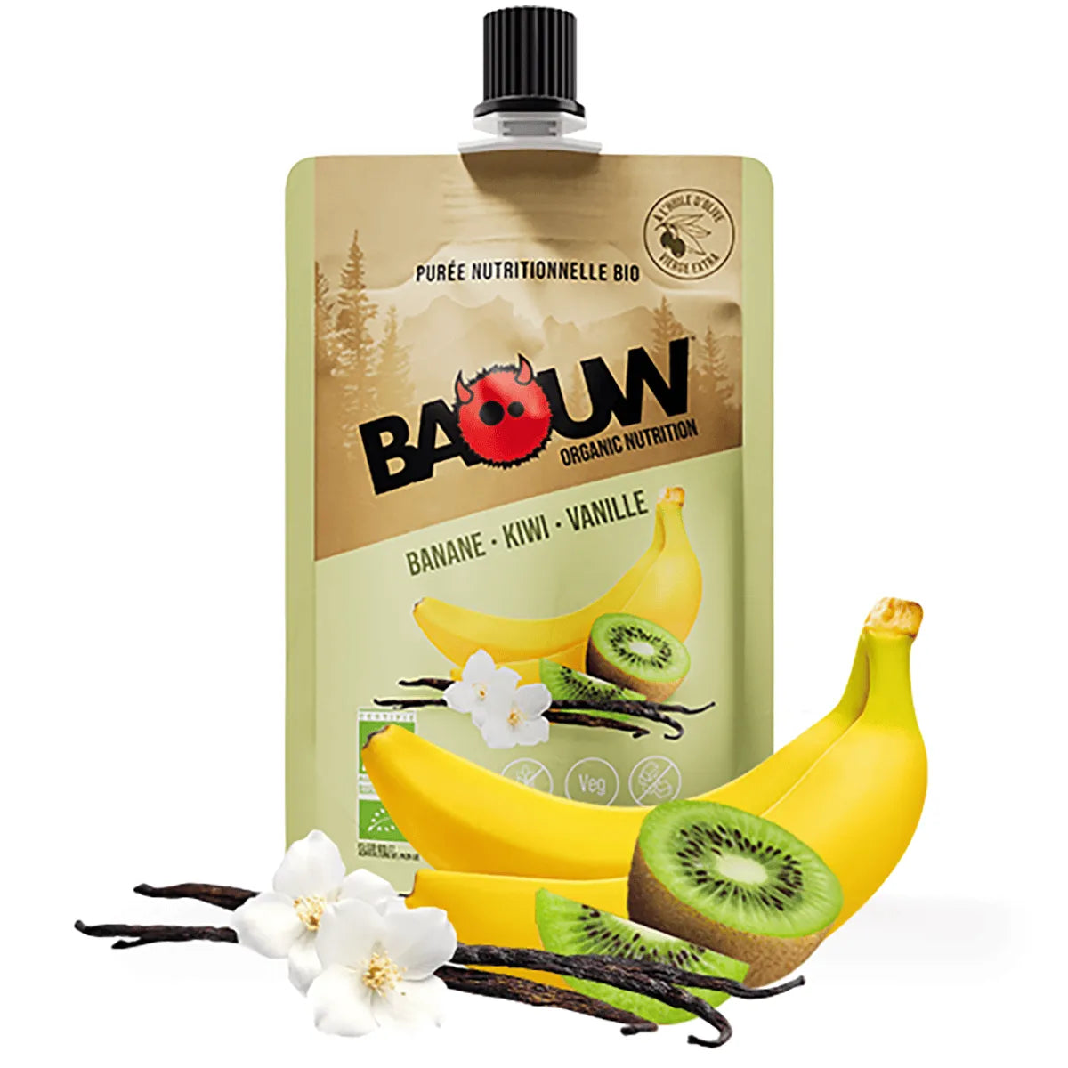 BAOUW Puré Energético de Frutas Receta Ecológica Plátano/Kiwi/Vainilla (90g)