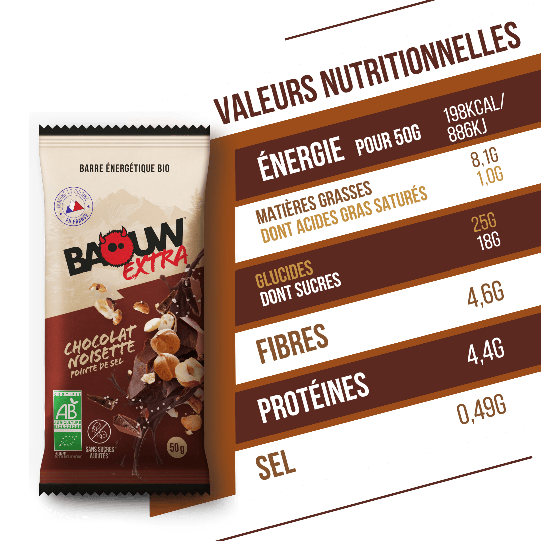 BAOUW BIO EXTRA Barrita energética de chocolate y avellanas (50g)