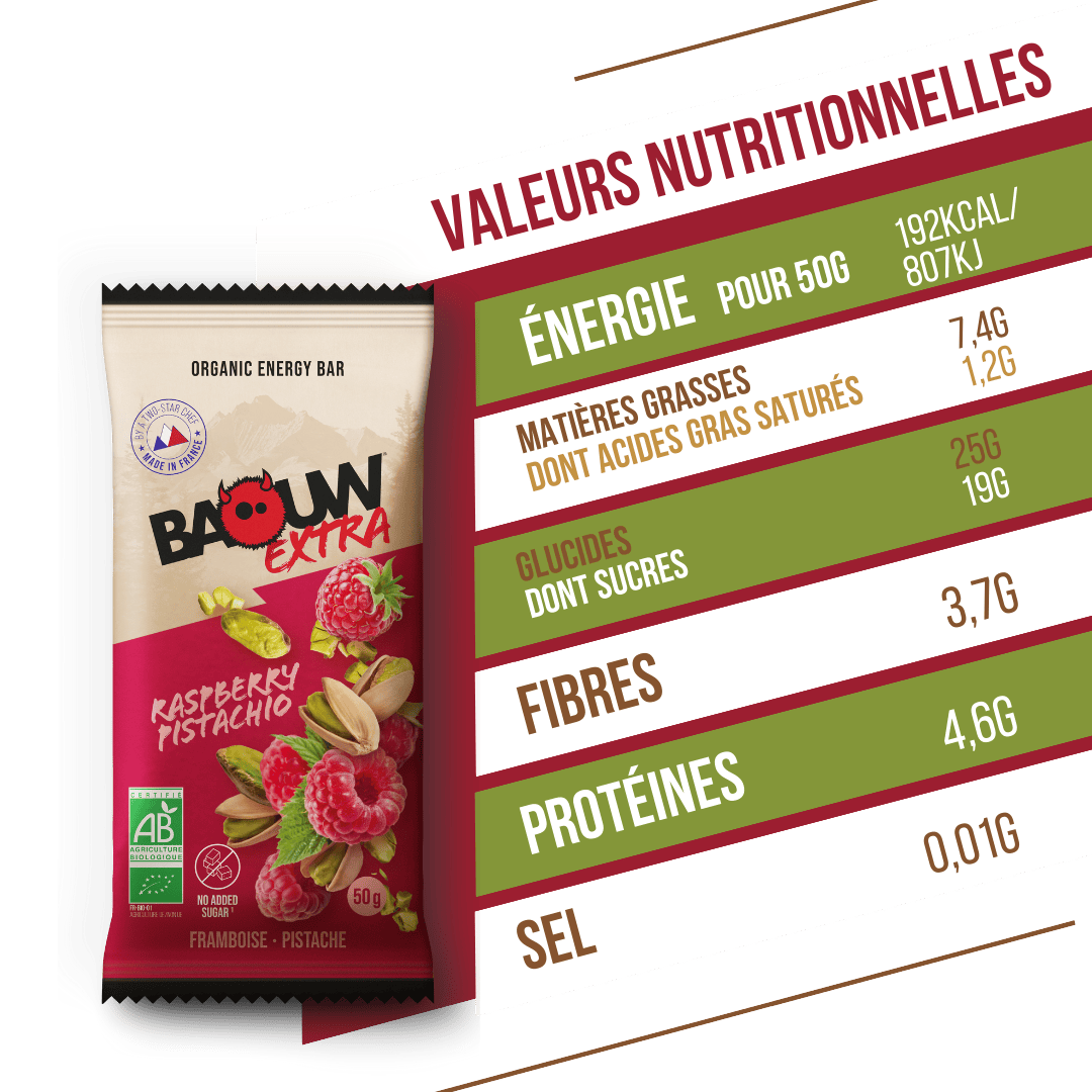 BAOUW BIO EXTRA Barrita energética de frambuesa y pistacho (50g)