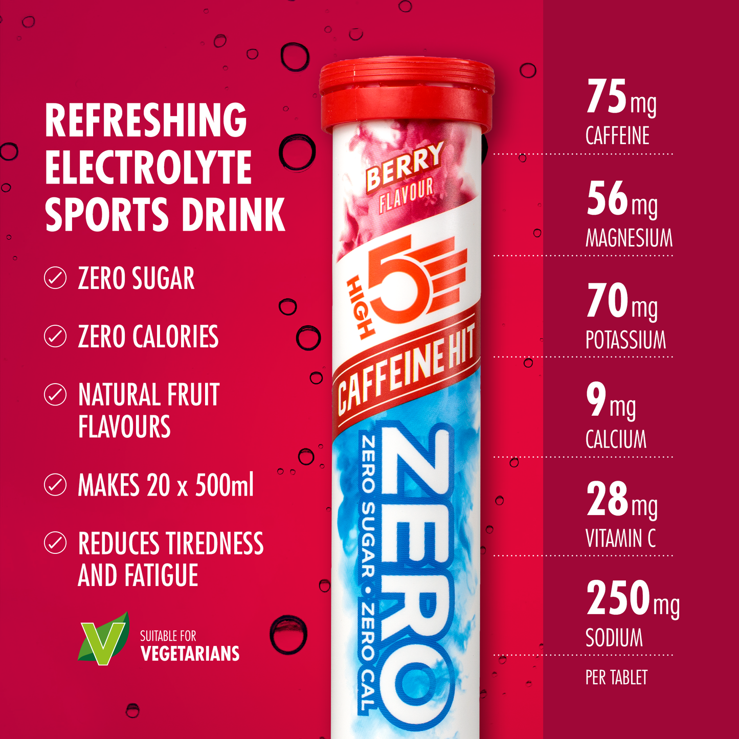 High5 ZERO Hidratación Electrolítica con Cafeína (20 Comprimidos) Frutas Rojo