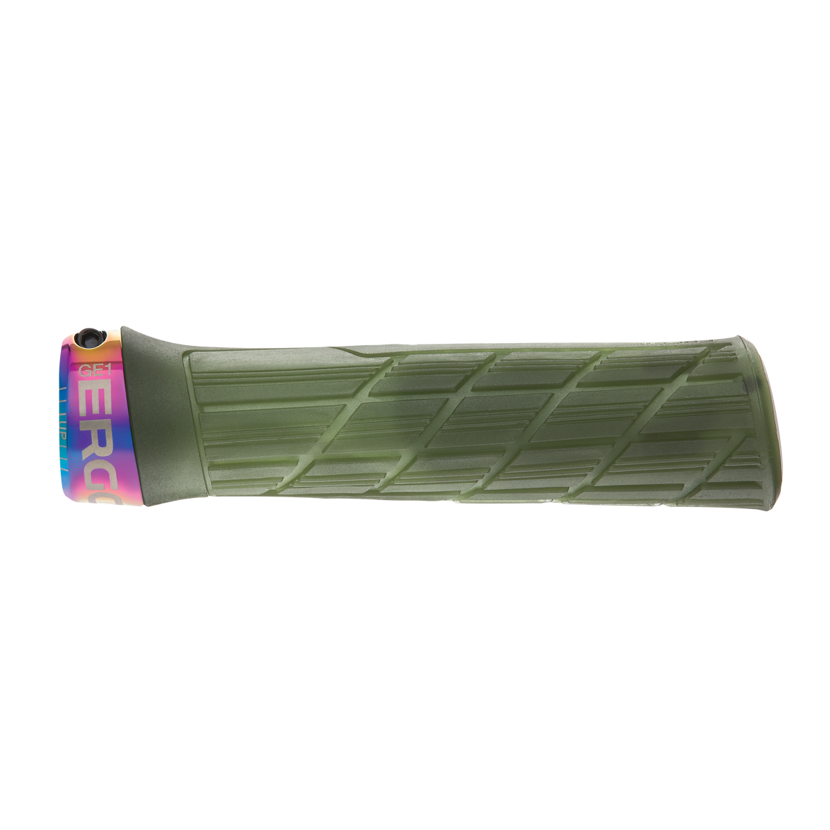 Puños ERGON GE1 EVO Factory Slim verde musgo escarchado con abrazaderas Oil Slick - detalle