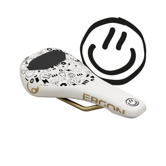Sillín ERGON SM Downhill Comp Vali Höll Edition blanco con raíles CrMo
