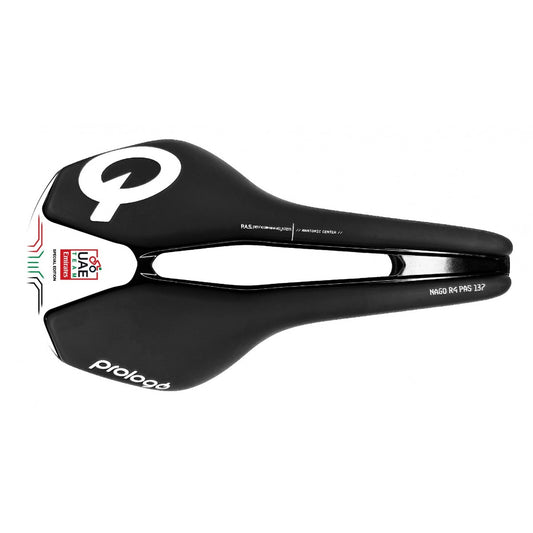 Sillin PROLOGO NAGO R4 PAS 137mm Ancho UAE Tirox Rails Negro/Blanco