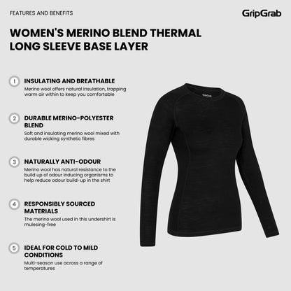 Camiseta interior térmica de manga larga para mujer GRIPGRAB MEZCLA DE MERINO negra