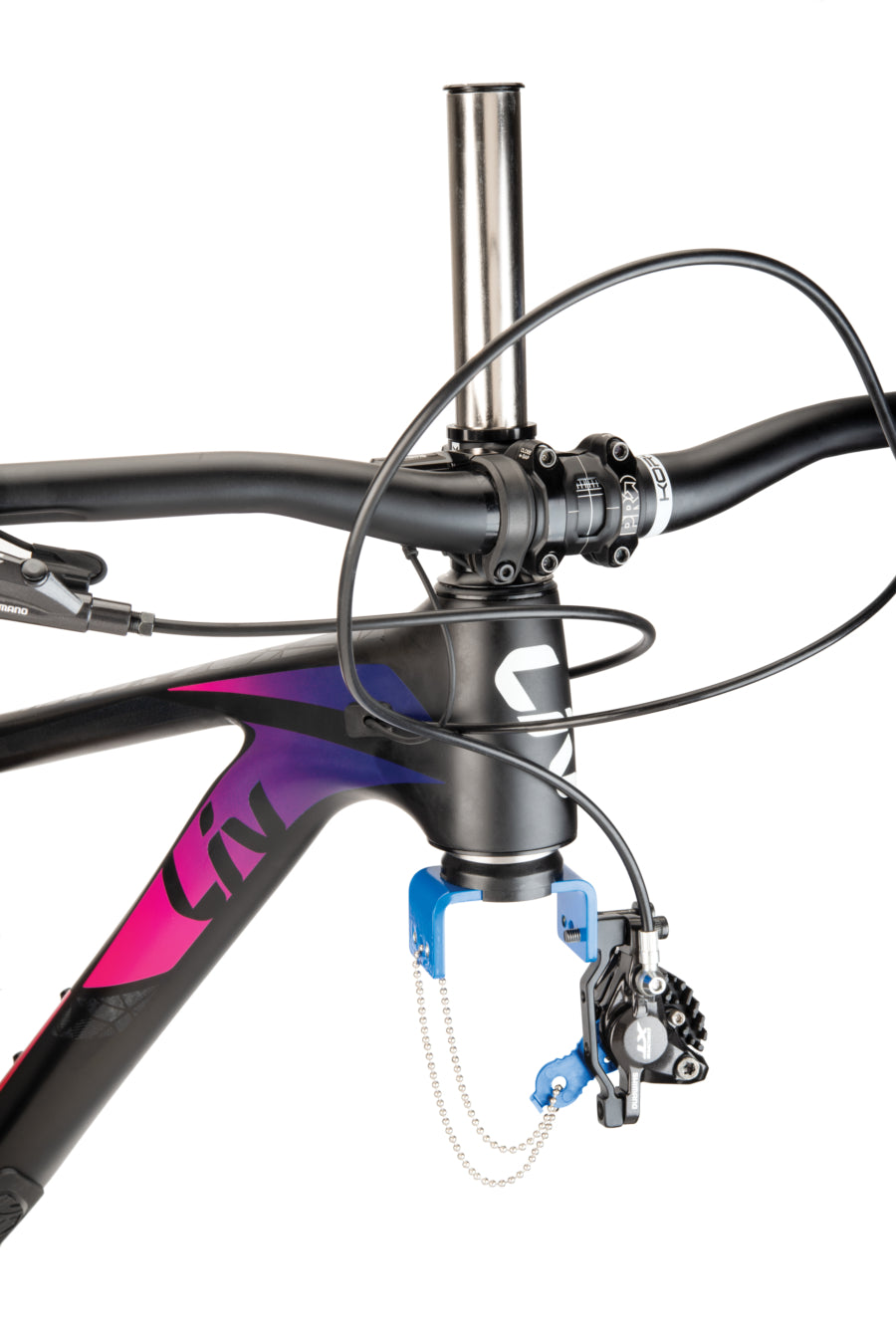 Park Tool DF-1 sujetando una bicicleta de montaña con freno Post Mount