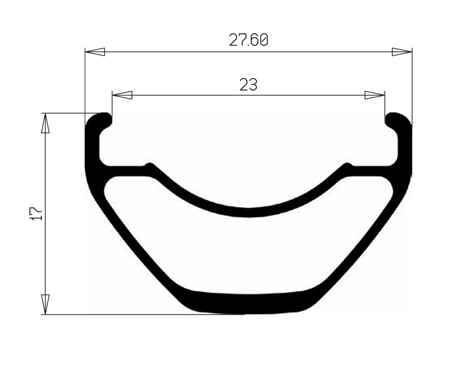 Perfil de la llanta HOPE FORTUS 23 W: anchura exterior de 27,6 mm, anchura interior de 23 mm y altura de 17 mm