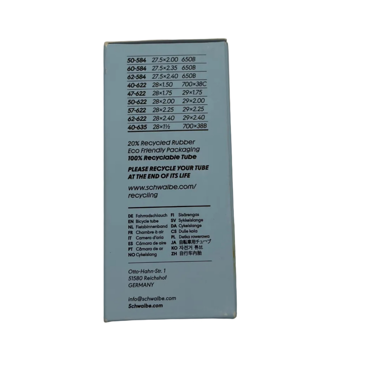 Cámara de aire SCHWALBE EXTRA LIGHT SV 19L 27,5x2,0/2,40 - 29x1,75/2,40 Presta 40 mm