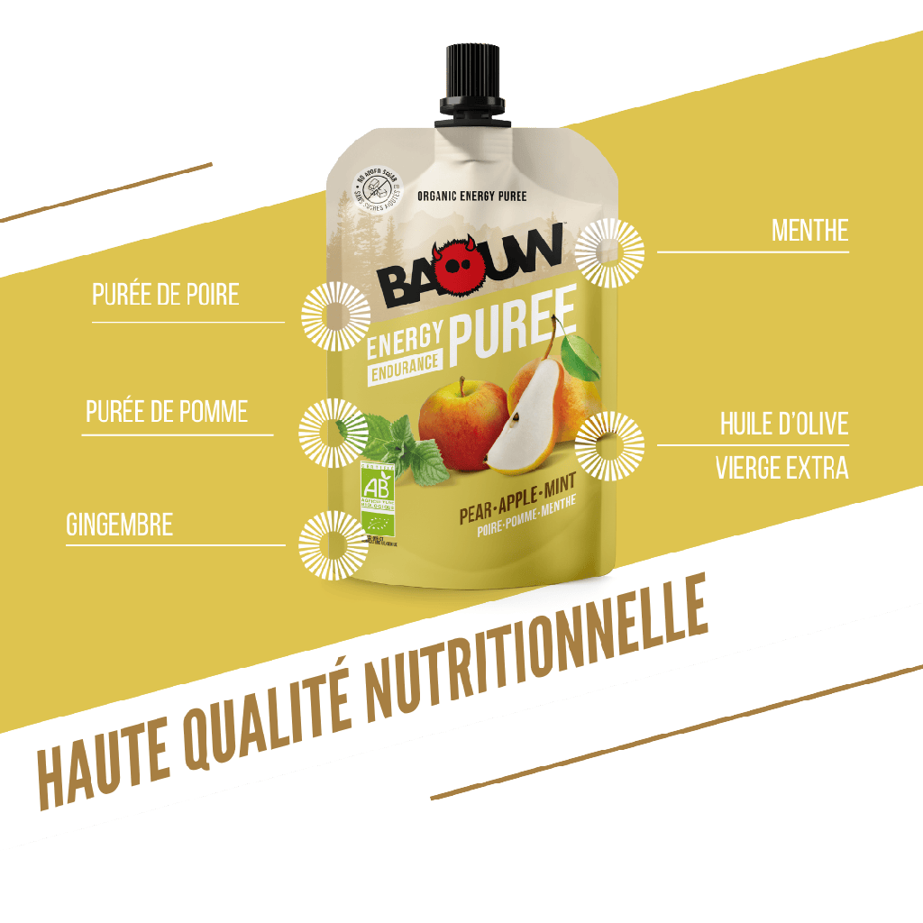 BAOUW Puré Energético de Frutas Receta Ecológica Pera/Manzana/Menta (90g)