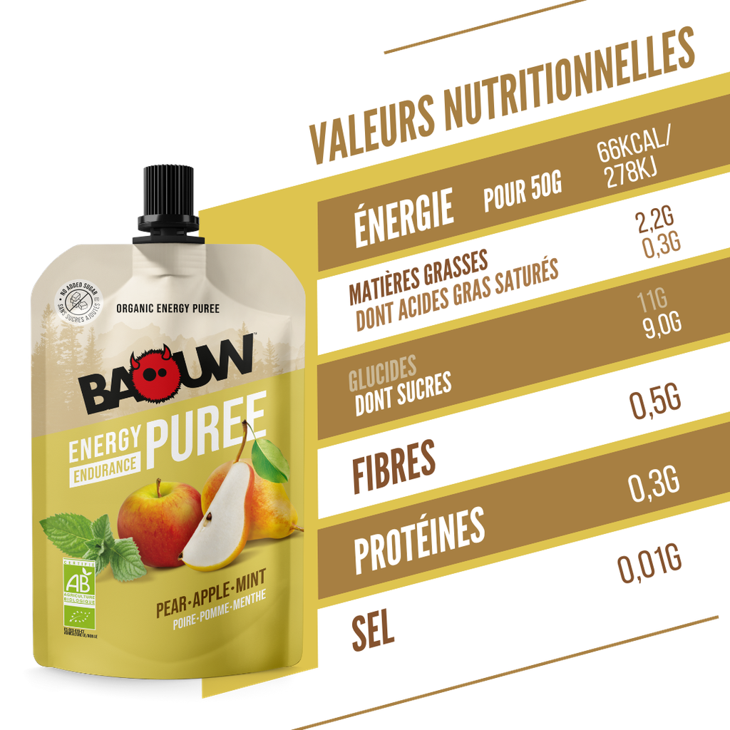 BAOUW Puré Energético de Frutas Receta Ecológica Pera/Manzana/Menta (90g)