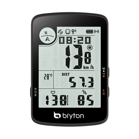 Ciclocomputador GPS BRYTON RIDER 17E — vista frontal, pantalla de datos de la ruta