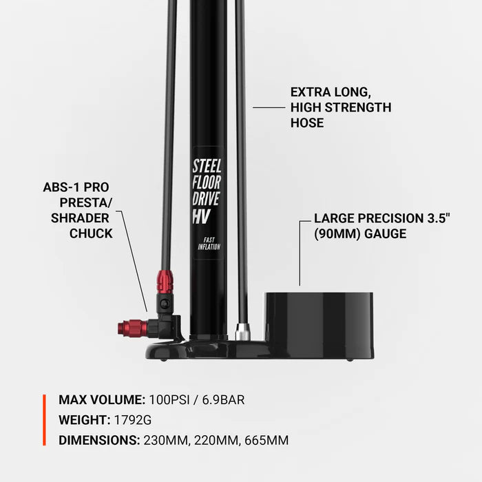 Bomba de pie LEZYNE STEEL FLOOR DRIVE 3.5 HV Negra