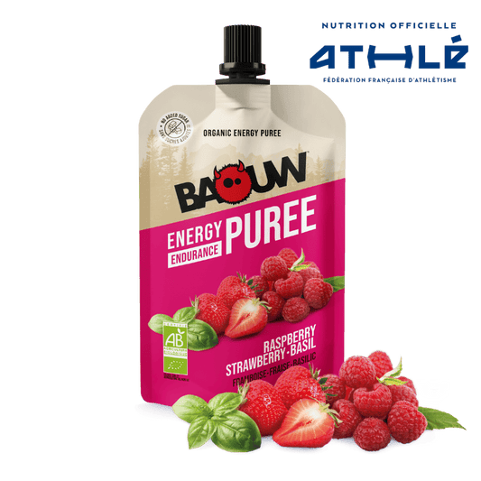 BAOUW Receta ecológica de puré energético con frambuesa/frambuesa/fruta de albahaca (90g)