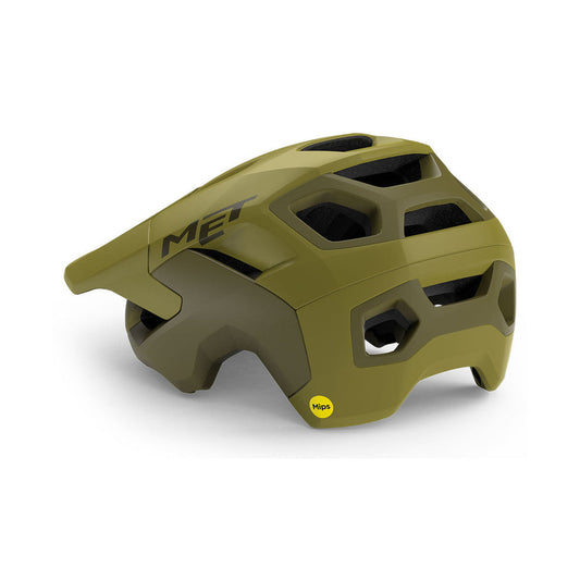 Casco de MTB MET REVO MIPS azul/verde — vista orientada hacia la izquierda