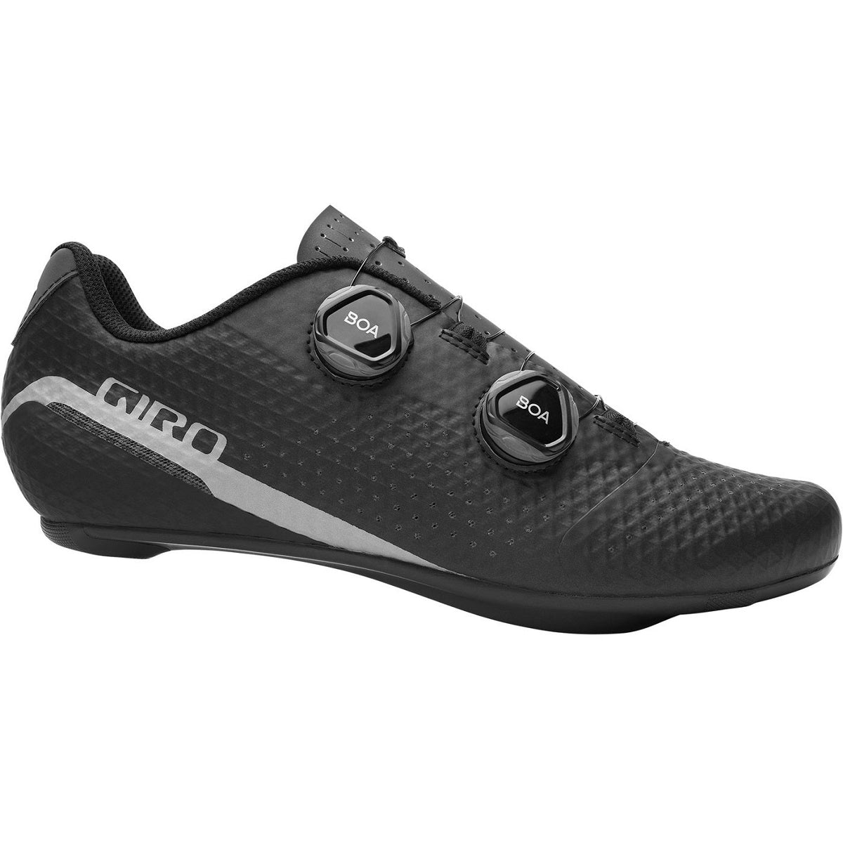 Zapatillas de ciclismo de carretera GIRO REGIME negras — perfil exterior sobre fondo blanco
