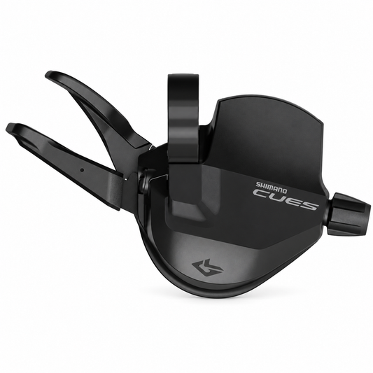 Mando de cambio derecho SHIMANO CUES 10V SL-U6050 de alcance corto con indicador — vista del producto sobre fondo blanco