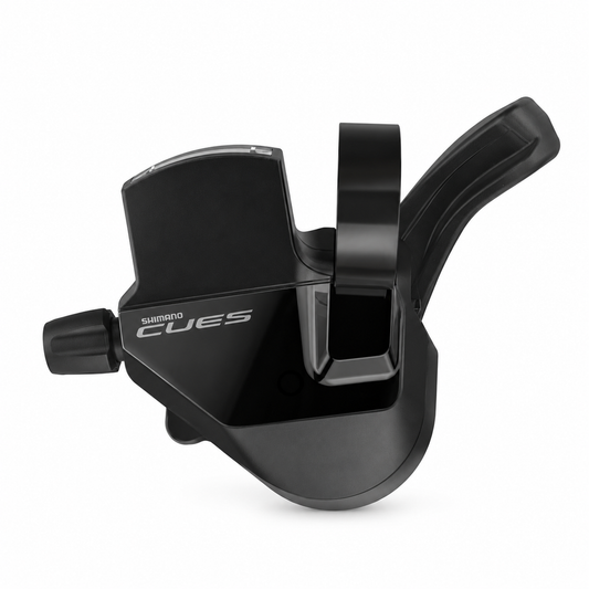 Mando de cambio izquierdo SHIMANO CUES SL-U6000-L 2V con indicador de marcha — vista del producto sobre fondo blanco