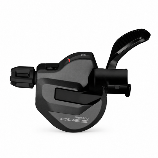 Mando de cambio izquierdo SHIMANO CUES SL-U8000-IL 2V con indicador de marcha — vista del producto sobre fondo blanco