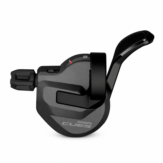 Mando de cambio izquierdo SHIMANO CUES SL-U8000-L 2V con indicador de marcha — vista del producto sobre fondo blanco